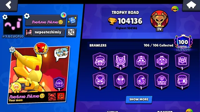 🔥АКК БС С 104К ТРОФЕЕВ И СОЛНЕЧНОЙ СЛАВОЙ+CLASH ROYALE!🔥, 104136 кубков, 106 бравлеров, 100 праймов