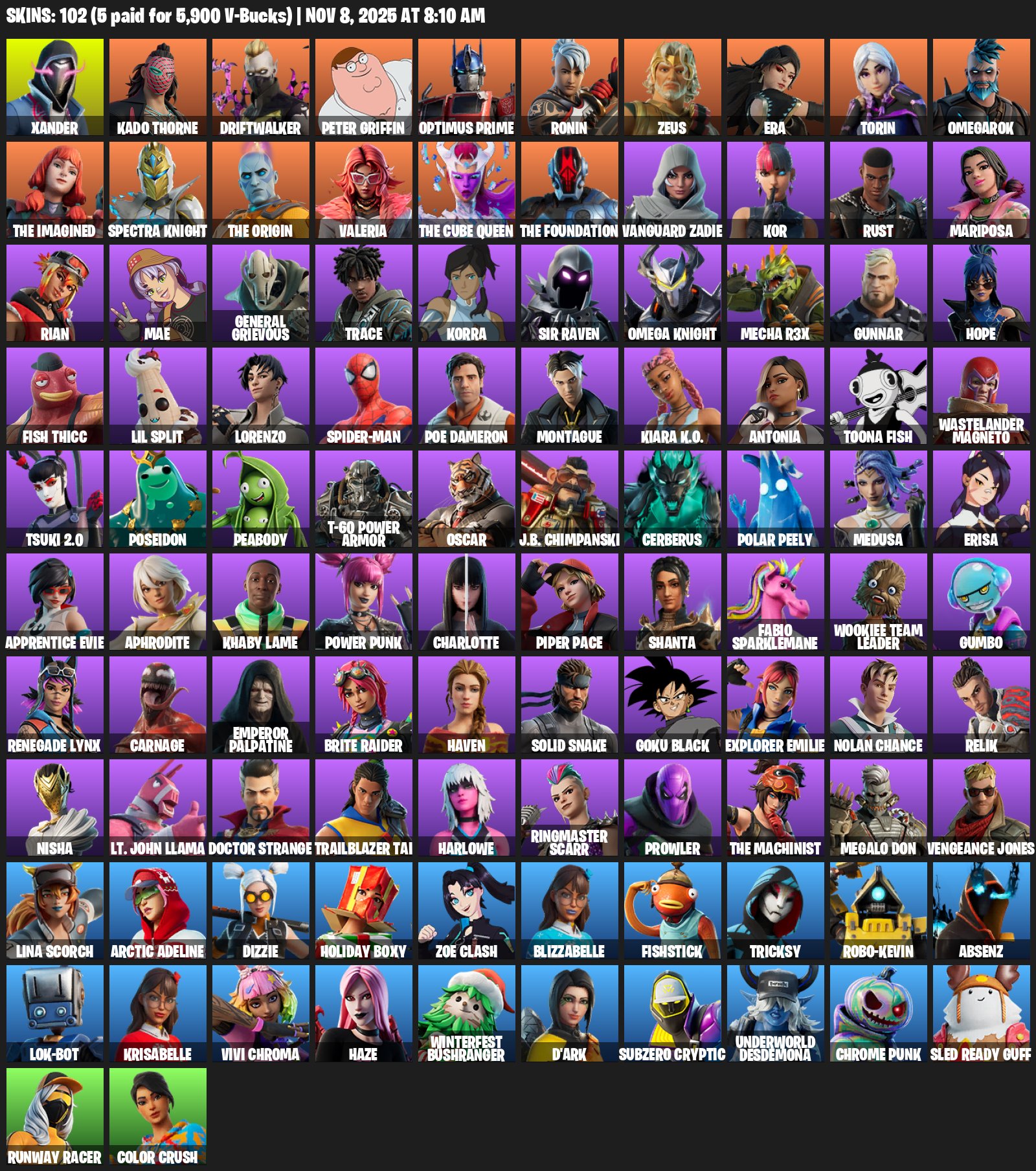🌸102 SKINS💎Lina Scorch💎Subzero Cryptic💎Spectra Knight💎Reaper💎Leisure💎✨ Full access✨, Sale, skins 102