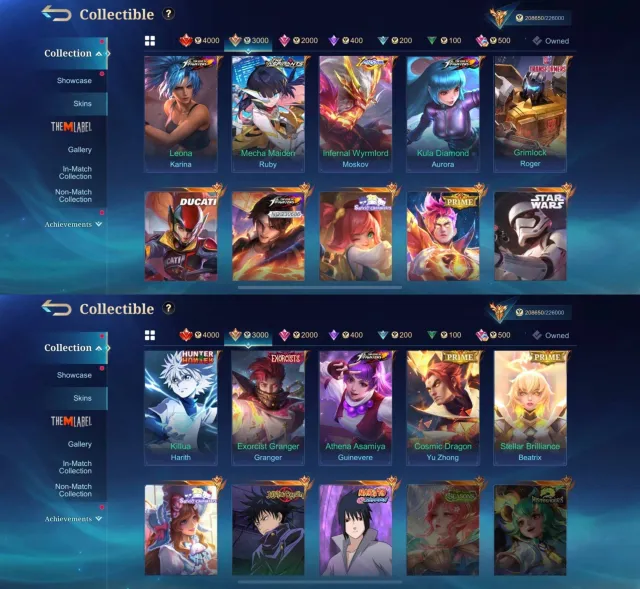 ⚡️Granger Call-Exo⚡️Kimmy SV⚡️Harith Hunter⚡️Allstar Msk⚡️Ducati Irka⚡️Sue Sasuke⚡️Good WR⚡️, Sale, Rank: Mythical Immortal, Level: 87, Win Rate: 60%, Heroes: 138, Skins: 526