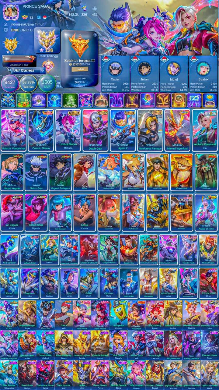 🛡️WARRANTY🛡️💥3 JJK💥3 COLLECTORS💥 2 LEGI💥FANNY MIKAS ASP💥2 KUNGFU💥4 KOFA💥ALLSTAR MOSCOW💥, Sale, Rank: Legend, Level: 122, Winrate: 54%, Heroes: 133, Skins: 505