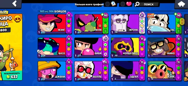 Top account 49500 many skins etc, 49500 trophies, 105 brawlers, 14 primes