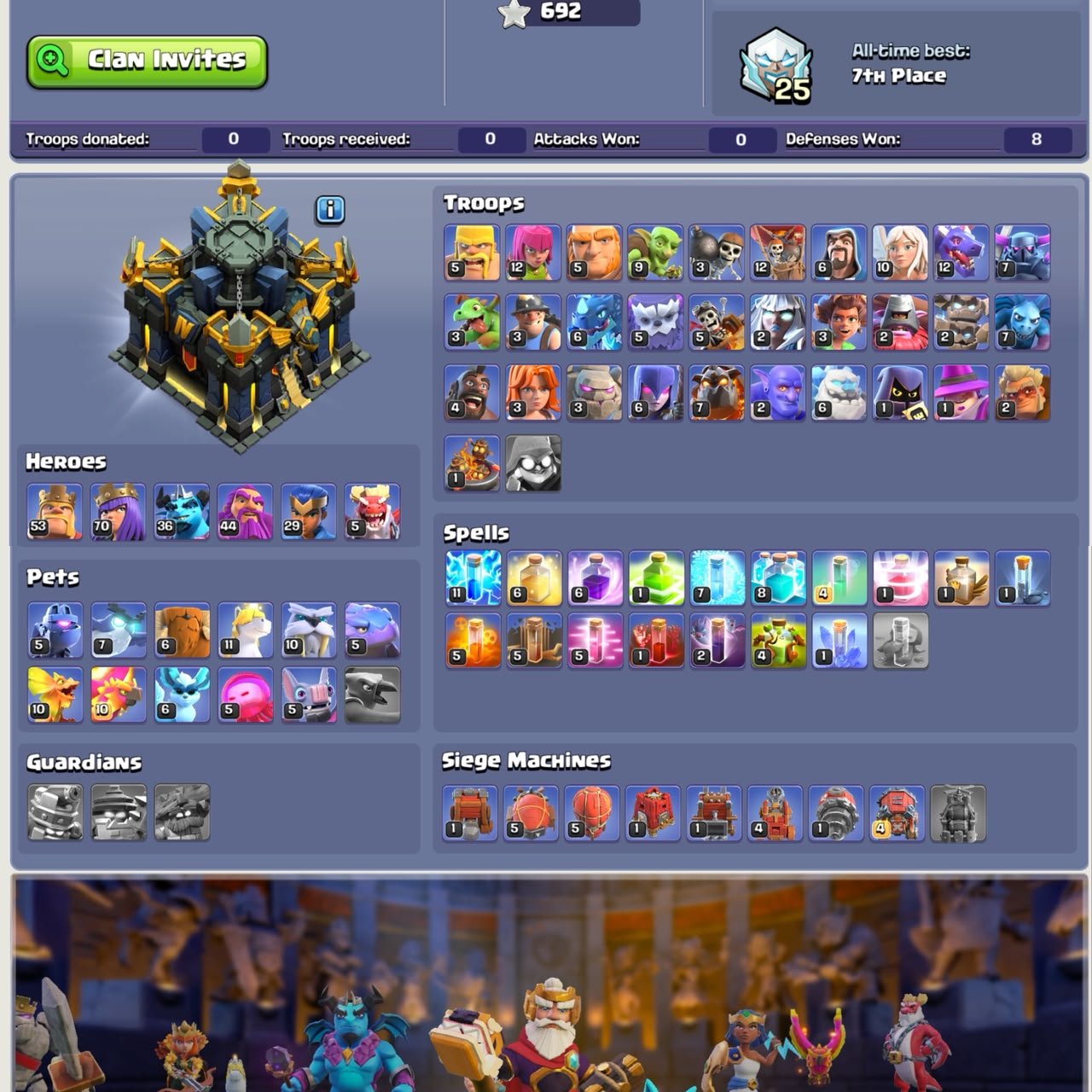 ▣ TH 17 Full Max Defense ▣ 53-70-36-44-29 ▣ Near Max Troops ▣ 9x Epic High Level ▣ NC Free, 17 TH Main Village, 10 TH Builder