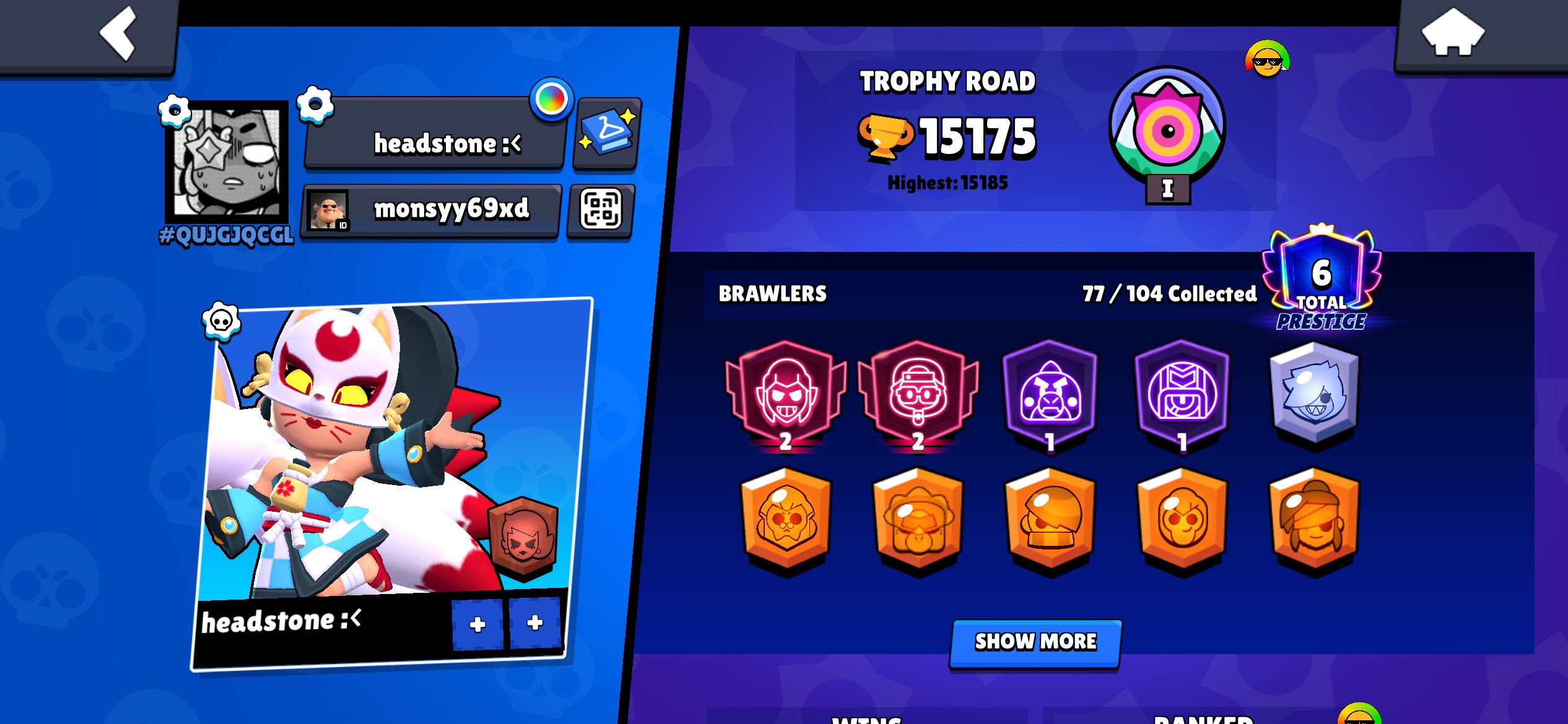 🏆15K💎77/103🤖TWO 2 PRIME🔥6 PRIME🎫 BRAWL PASS WITH SQUIDWARD MORTIS⚡6 BRAWLERS AT POWER LEVEL 11🐙, trophies 15175, brawlers 77, primes 6