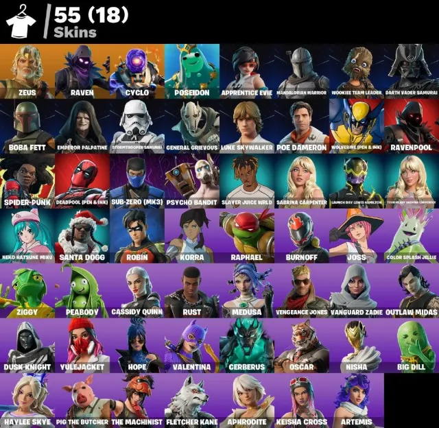 🟣 55 SKINS 🟣 883 LVL 🟣 0 VB 🟣 Zeus🟣Raven🟣Cyclo🟣Poseidon🟣Apprentice Evie🟣Mandalorian Warrior🟣W, Sale, skins 55