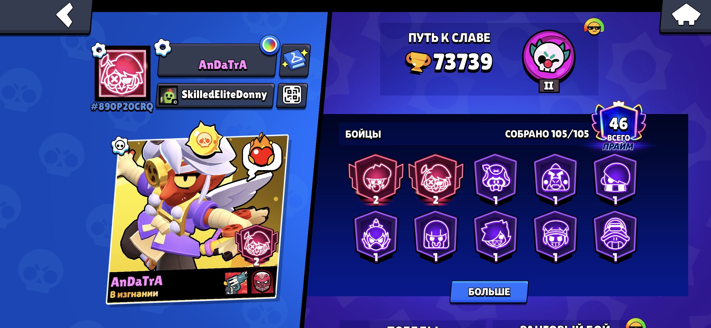 Fat account for the base, there are a lot of skins including Old., trophies 73739, brawlers 105, primes 46