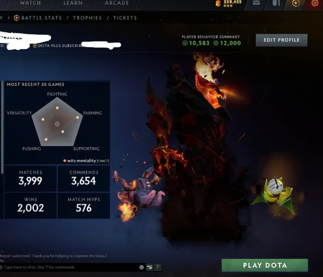 6k MMR, main pool, 12k comportements, beaucoup d'objets et d'arcana, recalibrage disponible, 96e percentile, Vente, 5969 MMR, 12000 comportements, 10583 politesse, 3999 matchs, 4026 heures