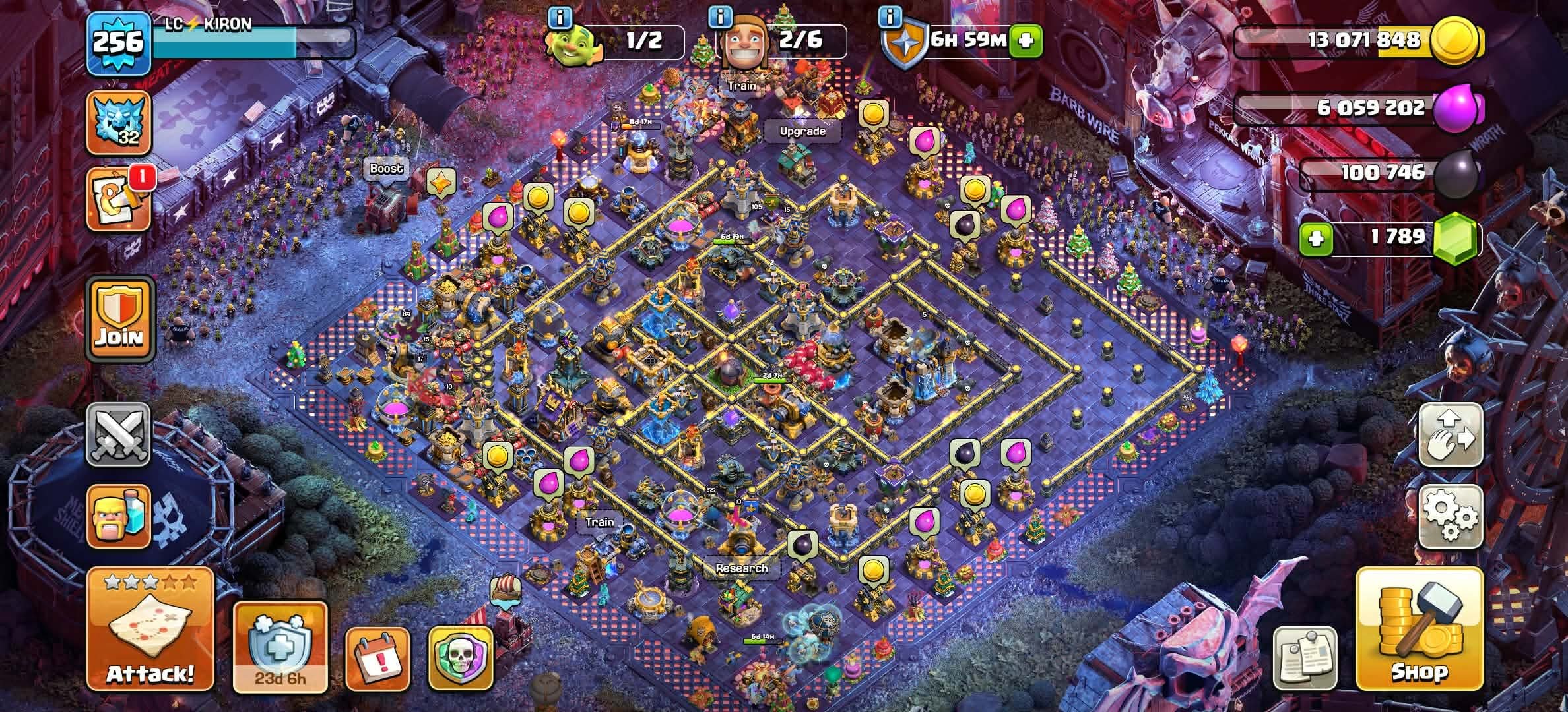 Th18-256xp ➤Sound Of Clash➤War Arena Scenery ➤16 Epic Equipments High lvl ➤Hero:105-105-84-80-55-17, 18 TH Main Village, 10 TH Builder