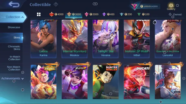 #MG229 LEDEND Franco, Lesley; HxH Gon; DUCATI Irithel, Benedetta; Aspirants Vexana; KISHIN Lancelot, Sale, Rank: Legend, Level: 71, Winrate: 53%, Heroes: 119, Skins: 340