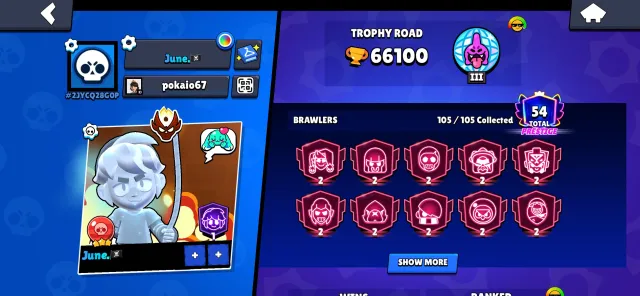 🏴☠️ACCOUNT WITH EXCELLENT RANKING AND WITH A MASTER🏴☠️, trophies 66100, brawlers 105, primes 54
