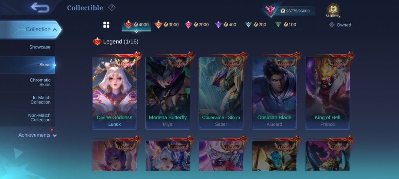 Legend lunox⚡kishin Angela⚡Naruto kelea⚡Prime Claude⚡Star kagura⚡Angela⚡deluxe 56 skin, Sale, Rank: Mythic, Level: 85, Winrate: 52%, Heroes: 129, Skins: 338