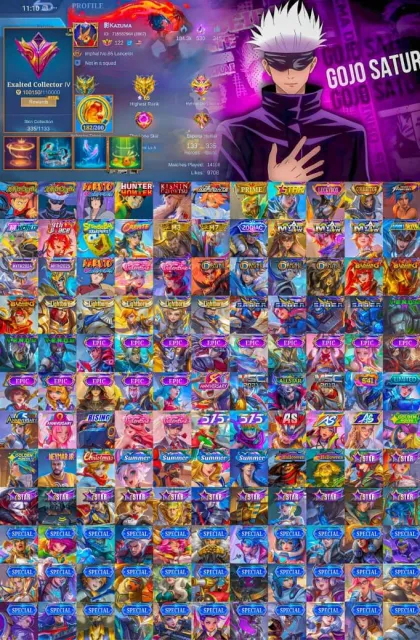 Full hunter/ hisoka/ kurapika/ Killua/ gon/ suye saske/ kof aurora, Sale, Rank: Mythic, Level: 25, Winrate: 50%, Heroes: 60, Skins: 335