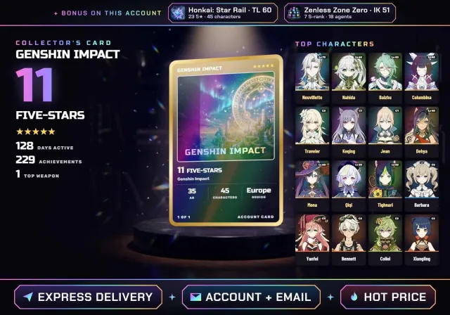 🌸 ALL DEVICES • EUROPE ◆ 11 FIVE-STAR CHARACTERS • AR 35 ◆ Neuvilette, Nahida, Bai Zhu, Columbina, Mona, Any platform, Email linked, Any, Levelled up, AR 35