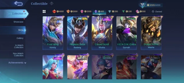 53⭐KOF Karina💥collector Natalia💥EPIC Gatokacka⚡moskov⚡Harley⚡Kagura⚡Valir⚡Roger emblem Max, Sale, Rank: Mythic, Level: 61, Winrate: 52%, Heroes: 112, Skins: 195