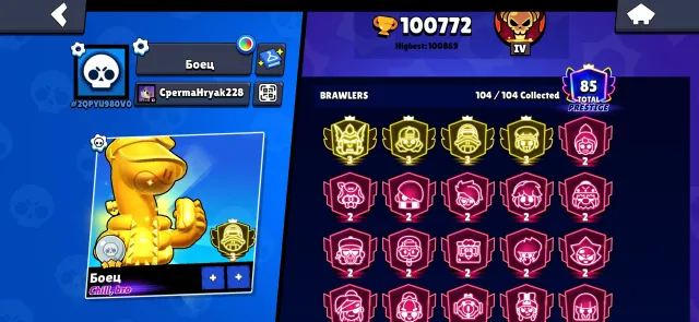 4x third prime on Damian, meg, fang & Doug, 100k trophies, 4x legendary, 300~ skins, trophies 100800, brawlers 104, primes 85