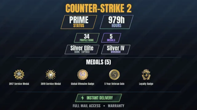 【CS2 Prime🎮979ч💠5 медалей】 Медаль за службу 2017, Медаль за службу 2019, Значок верності, 5 років, Продаж, Інвентар порожній, Є PRIME