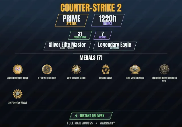 CS2 Prime🎯1200h👑7 medals Medal for Service 2017, Medal for Service 2018, Medal for Service, Sale, With inventory, Has PRIME