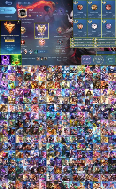 🔥499 Stars🔥6 Globals on ADC🔥Clint-Hanabi Soul Vessel, AllStar Moscow, Collector Nathan, Hunter Harith🔥, Sale, Rank: Legend, Level: 161, Win Rate: 61%, Heroes: 133, Skins: 477