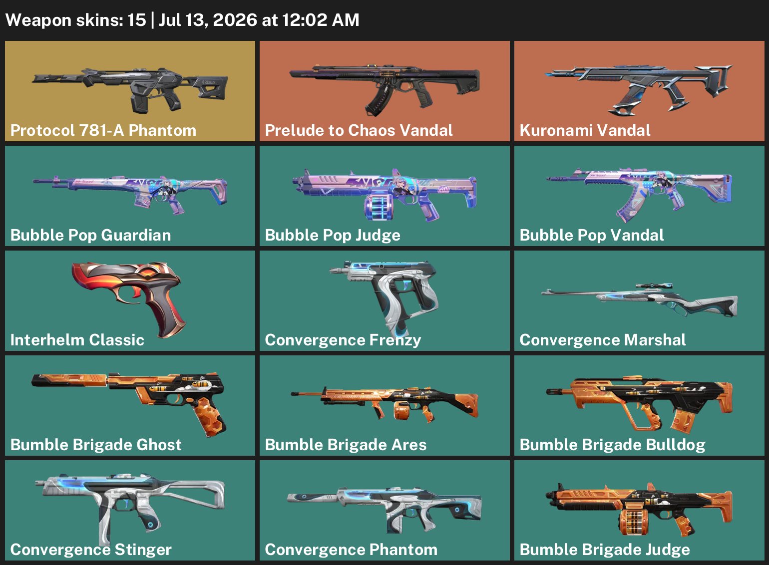 15 Skins + 3 Paid | Protocol 781-A Phantom, Prelude To Chaos Vandal, Kuronami Vandal, Sale, Ranked unlocked, Agents: 11, Skins: 15