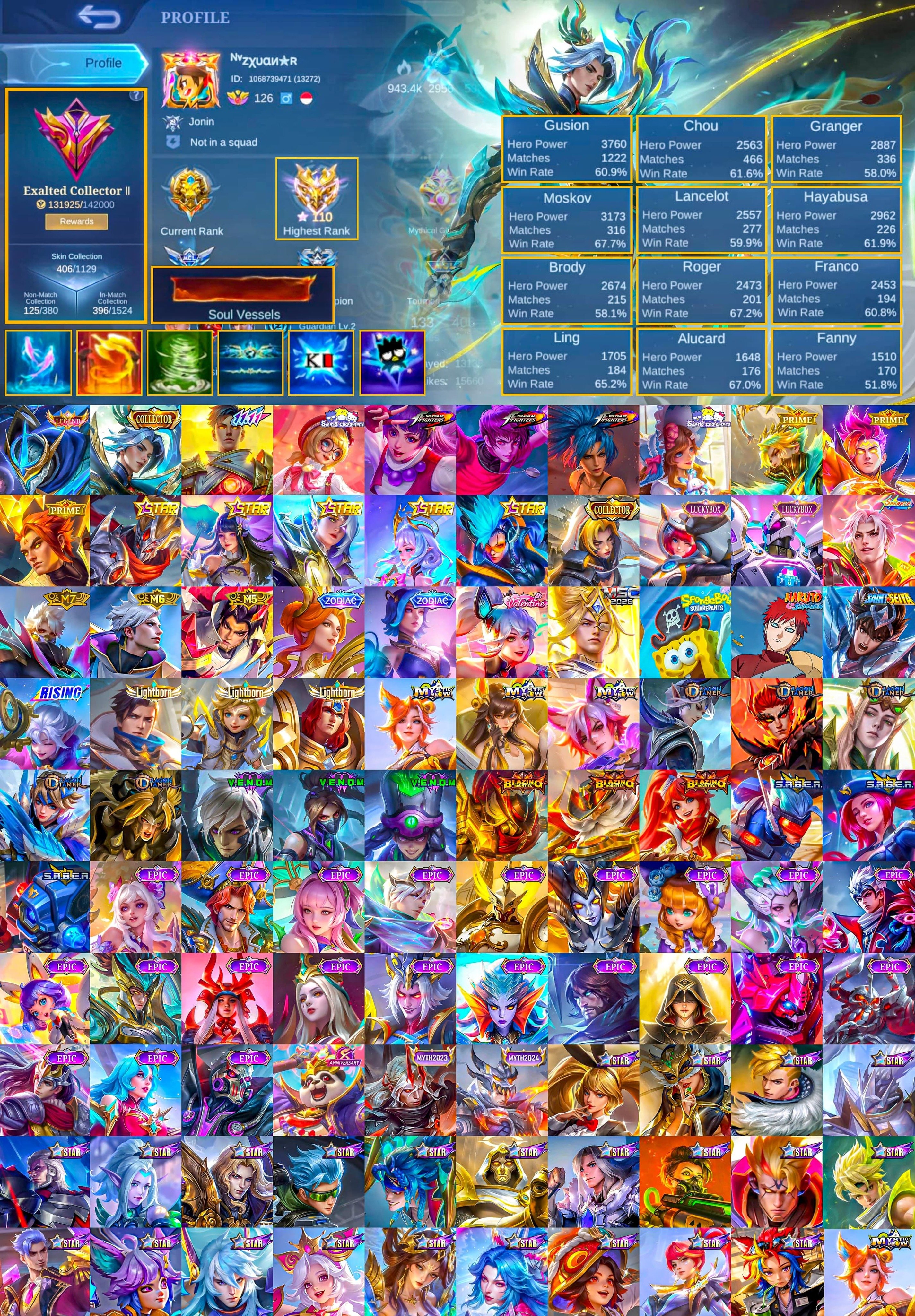 Good WR, Legend Gusion, Collector Ling, 11.11 Gusion, Sanrio Angela, KOF, Prime, Global 🔥, Sale, Rank: Mythical Immortal, Level: 156, Winrate: 60%, Heroes: 133, Skins: 406