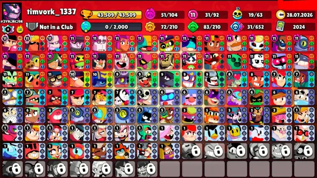 43,509 Trophies🏆 31 Brawlers Level 11💪 5 Brawl Pass Plus Seasons Purchased💖 255 Skins & Video📹, trophies 43509, brawlers 92, primes 30