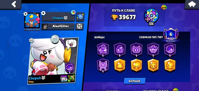 Personal Brawl Stars account, 39475 trophies, 107 brawlers, 6 primes