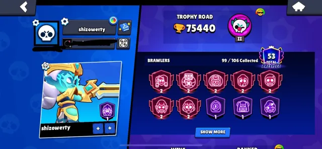 Change email to yours, 7 second primes, many skins, mech skins, 75407 trophies, 96 brawlers, 53 primes