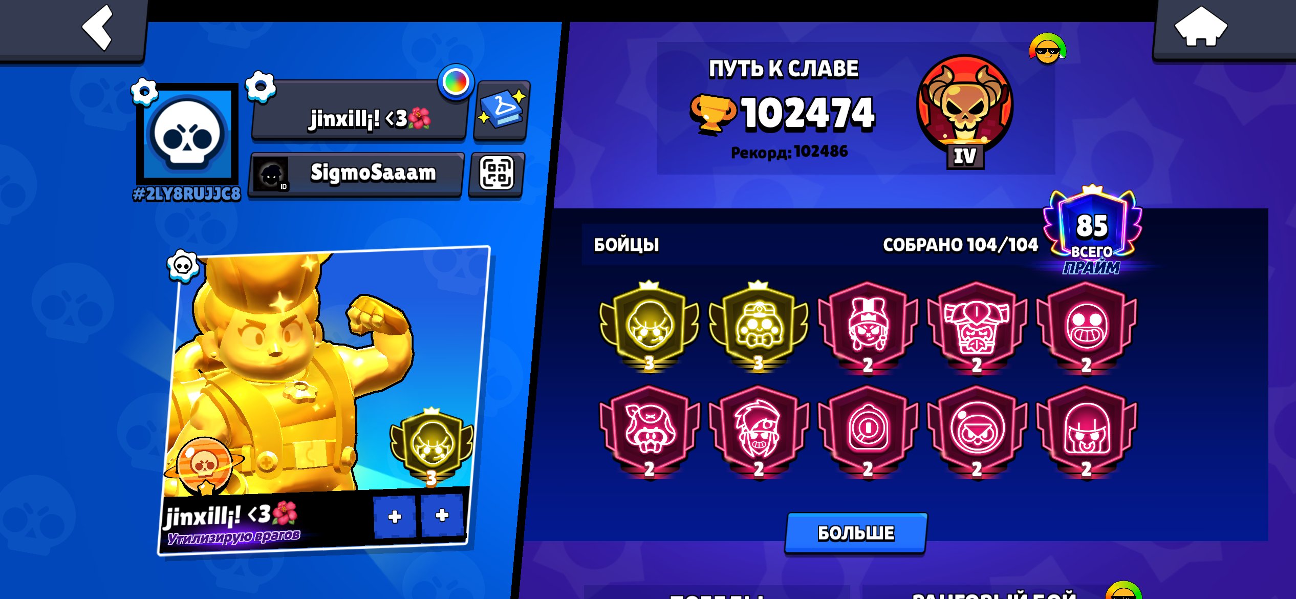 104,000 cups and over 85 Primaries, (2 thirds), trophies 102474, brawlers 104, primes 85