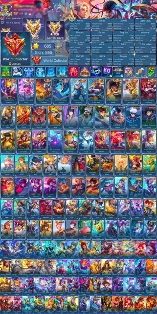💚World💚555 stars💚Legends, Collector, Kof, Naruto, JJK, Beasts, 11.11, Street, Aspi, Attack, Ducati, Soul vessels💚, Sale, Rank: Mythic Immortal, Level: 183, Win rate: 57%, Heroes: 138, Skins: 595