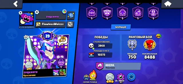 good donated account, 60k trophies, many expensive skins, 60314 trophies, 93 brawlers, 29 primes
