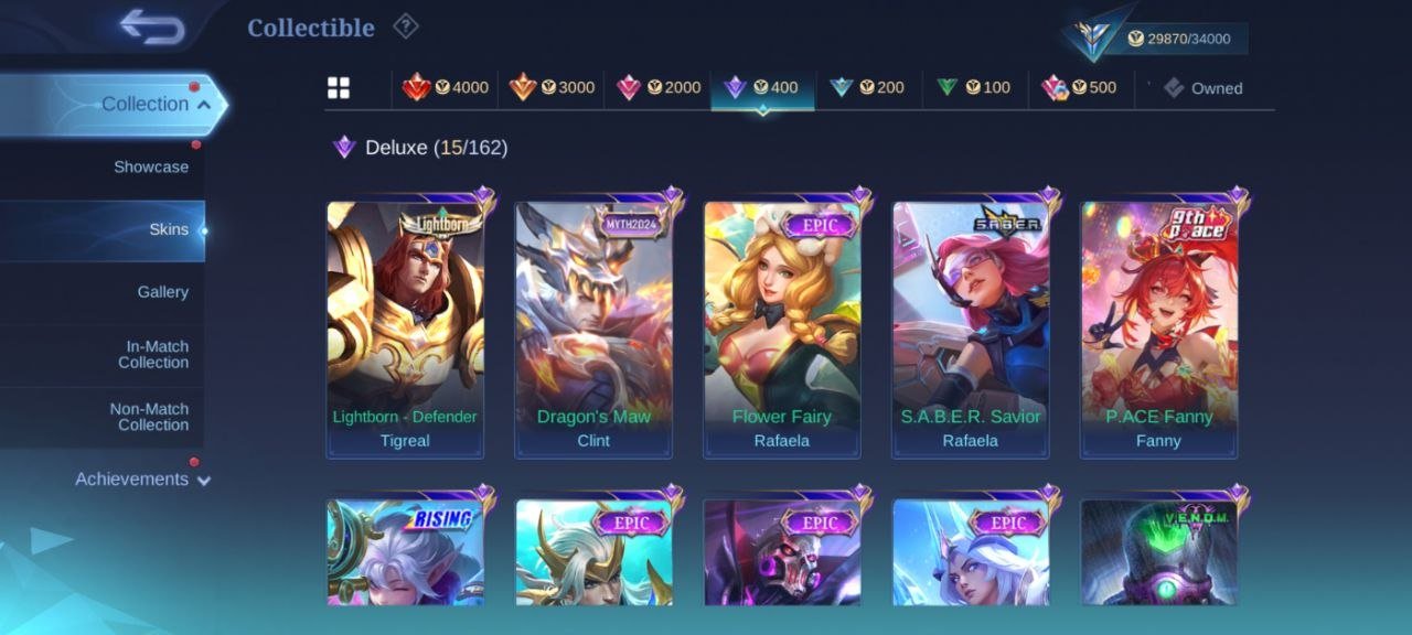 Gaara Vale🌈EPIC ⭐(Carmila YSS Irthil Karrie Roger venom Harley)🌈emblem Max, Sale, Rank: Mythic, Level: 57, Winrate: 50%, Heroes: 108, Skins: 161