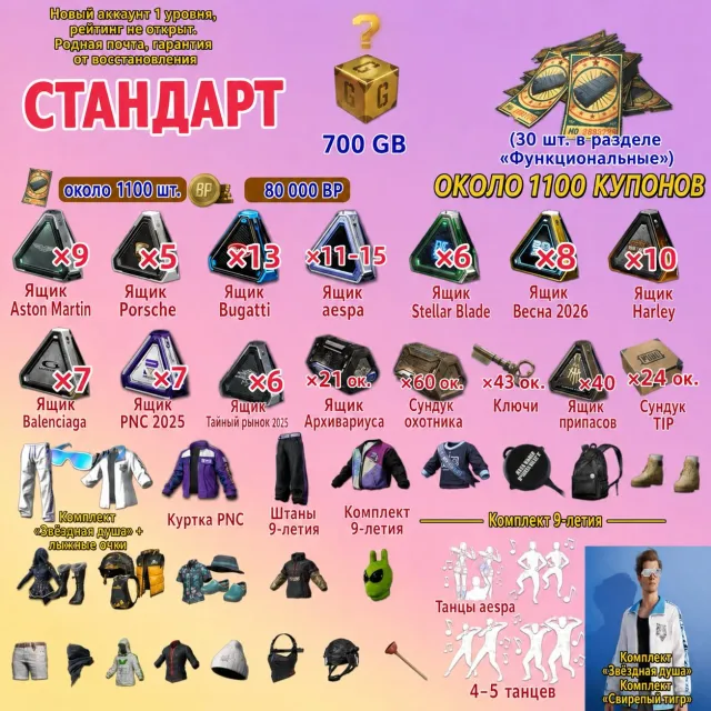 🎫1,100 Coupons 📦230+ Crates 💰80,000 BP 🔑43 Keys 🎁700 G-Coin 👕Skins, No BATTLEGROUNDS Plus