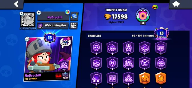 🏆17500 кубков🏆🌊 Много крутых скинов🌊🎭 Полная перевривязка🎭, 17500 кубков, 86 бравлеров, 13 праймов