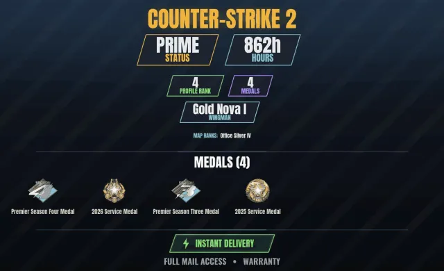 【CS2 Prime🏆862ч🎮4 медалей】 Медаль за службу 2025, Медаль за службу 2026,Медаль Premier, сезон, Продажа, С инвентарем, Есть PRIME