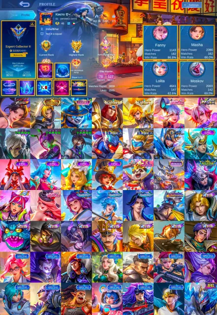 Good WR, KOF Masha, Luckybox Akai, Meowkin, Valentine, TP Lightning, Max Emblem, Global 🔥, Sale, Rank: Mythic, Level: 76, Winrate: 60%, Heroes: 78, Skins: 127