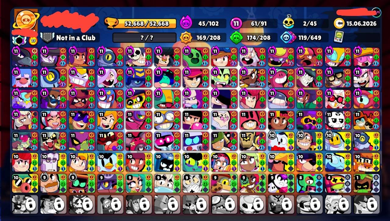 🗯📌52,667🏆🌟91/103👤45 HYPER61 11 POWER🪙250 SKINS ~ 22,770 GEMS💠11 TITLES💮2 BUFFS🌀🔰〔NAME CHANGE 60〕🔰, trophies 52667, brawlers 91, primes 9