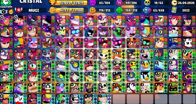 🏆92К👾106/106⭐49 11 СИЛ⚡7 ГИПЕРЗАРЯД СКИНОВ🖌️СПРЕЙ 30 РАНГ🪐САТУРН III💥69 ПРАЙМОВ👕316 СКИНОВ🤖АВТОВЫДАЧ, 92809 кубков, 106 бравлеров, 69 праймов