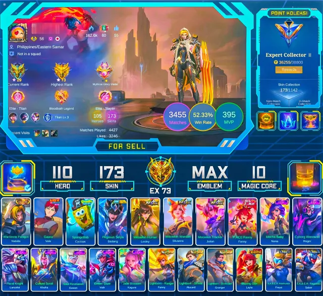 COLLECTOR NATALIA | Hero 110 - Skins 173 | More Details Check Screenshot | Moonton Login - All Empty, Продажа, Ранг: Мифическая слава, Уровень: 86, Процент побед: 52%, Герои: 110, Облики: 173