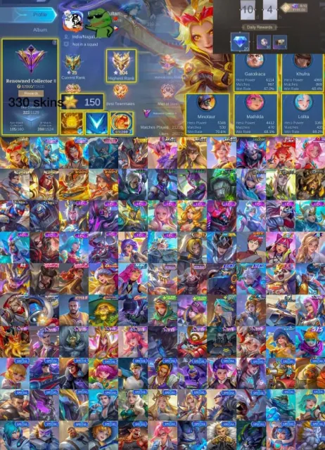 🏆 804 Immortal Stars 📊 60–80% Tank Win Rate 🏆 Joy Champion 🌟 Hayabusa Golden Star, Продажа, Ранг: Мифический Бессмертный, Уровень: 154, Процент побед: 55%, Герои: 133, Облики: 332