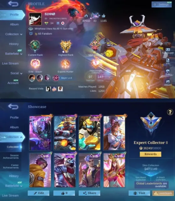 🟠 11.11 HAYABUSA | 🟠 COLLECTOR LSS | 🟠 SANRIO FLORIN | 🟠 P.ACE FANNY | 🟠 SPONGEBOB CYCLOPS | 97⭐, Sale, Rank: Mythical, Level: 34, Win Rate: 59%, Heroes: 97, Skins: 147
