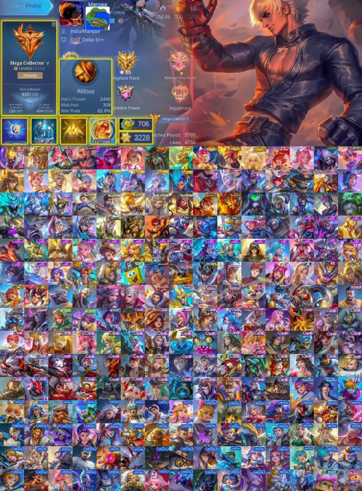 🏆 Mega Collector 5 Account 👑 Franco Legend 🥊 Gusion KOF 💖 Layla Aspirant ⭐ 4x Prime 🐼 Tamuz Kai, Sale, Rank: Mythic, Level: 112, Winrate: 55%, Heroes: 133, Skins: 510