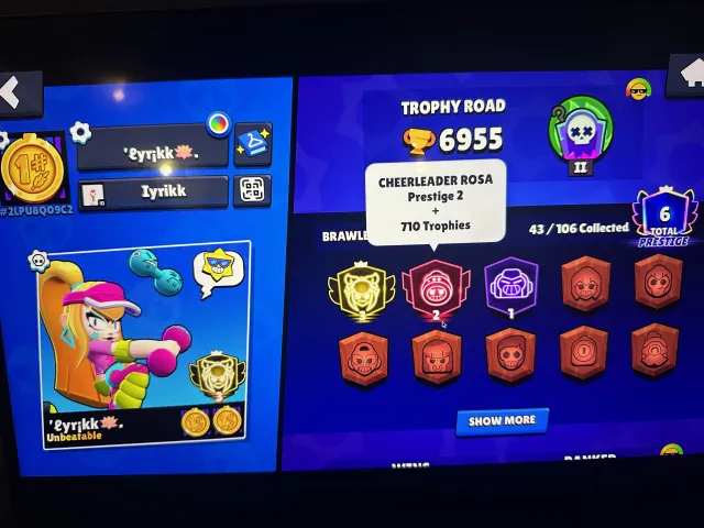 3rd prime on melody, Rosa 2710, 6955 trophies, 43 brawlers, 6 primes