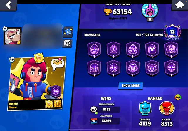 DUELIANT COLT🏆63.000🏆105/105🔥14LEGS+13MYTH SKINS🔥MANY EXPENSIVE SKINS FOR THE SUM OF 51,000+ GEMS🔥, trophies 63000, brawlers 105, primes 12