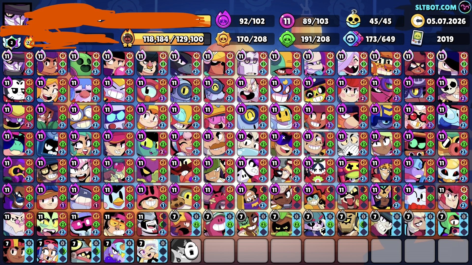 Personal second account. 1,800 Gems. 89/11. 45 Brawlers. Buster Master. 8,996 trophies in League, trophies 82001, brawlers 103, primes 66