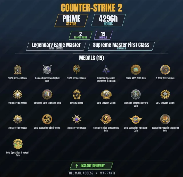 CS2 Prime🎯4200h👑19 medals Diamond coin of the operation Hydra, Diamond coin of the operation Riptide, Sale, With inventory, Has PRIME