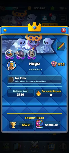 🏆12500🏆🧊20 EVO + 4 HEROES🧊🎀74 EM + 6 SKINS🎀🐧RESOURCES🐧🔥DECK (6/8) 16 LVL + MERGE TACTICS🔥, 30 arena, 1733 level, 12570 trophies, 121 cards, 21 leg, No