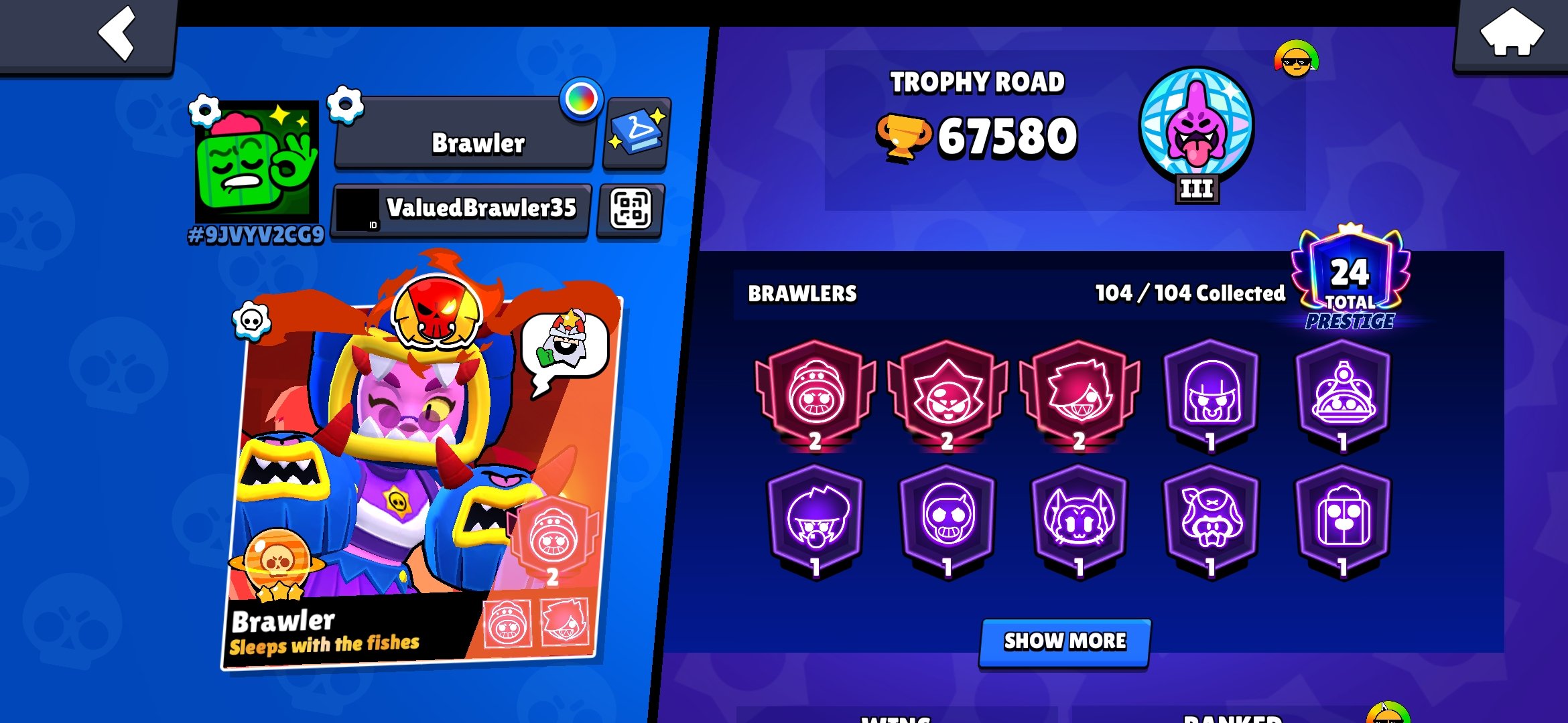 2019 account, 67k, 104 Brawlers, Santa Mike and others., trophies 67580, brawlers 104, primes 24