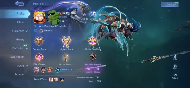 🔥 60%+ Win Rate Account 🔥 🐉 Ling Collector ⚔️ Benedetta Epic 🎯 Granger M7 👑 Vexana Epic, Продажа, Ранг: Мифический Бессмертный, Уровень: 15, Процент побед: 64%, Герои: 55, Облики: 79