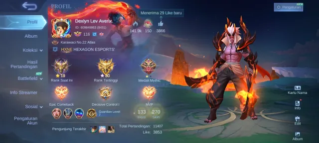SAFE & CHEAP |EMBLEM MAX, KARINA KOF,NATALIA COLLECTOR AND HAVE 19 EPIC SKINS, Продажа, Ранг: Мифический, Уровень: 146, Процент побед: 54%, Герои: 133, Облики: 270