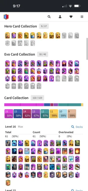 61x lvl-16 card | 32x evo & 9x hero | ultimate champ, 32 арена, 76 уровень, 14000 кубков, 123 карт, Есть