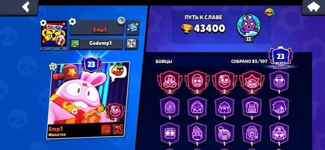 Selling account in Brawl Stars, 43400 trophies, 85 brawlers, 23 primes